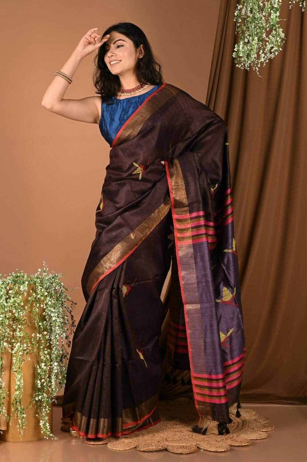 Very Much Indian Handloom Pure Dupion Silk Saree With Sleek Golden Border - Brown