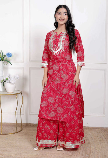 Miravan Women's Red Cotton Gota Work Kurta with Palazzo
