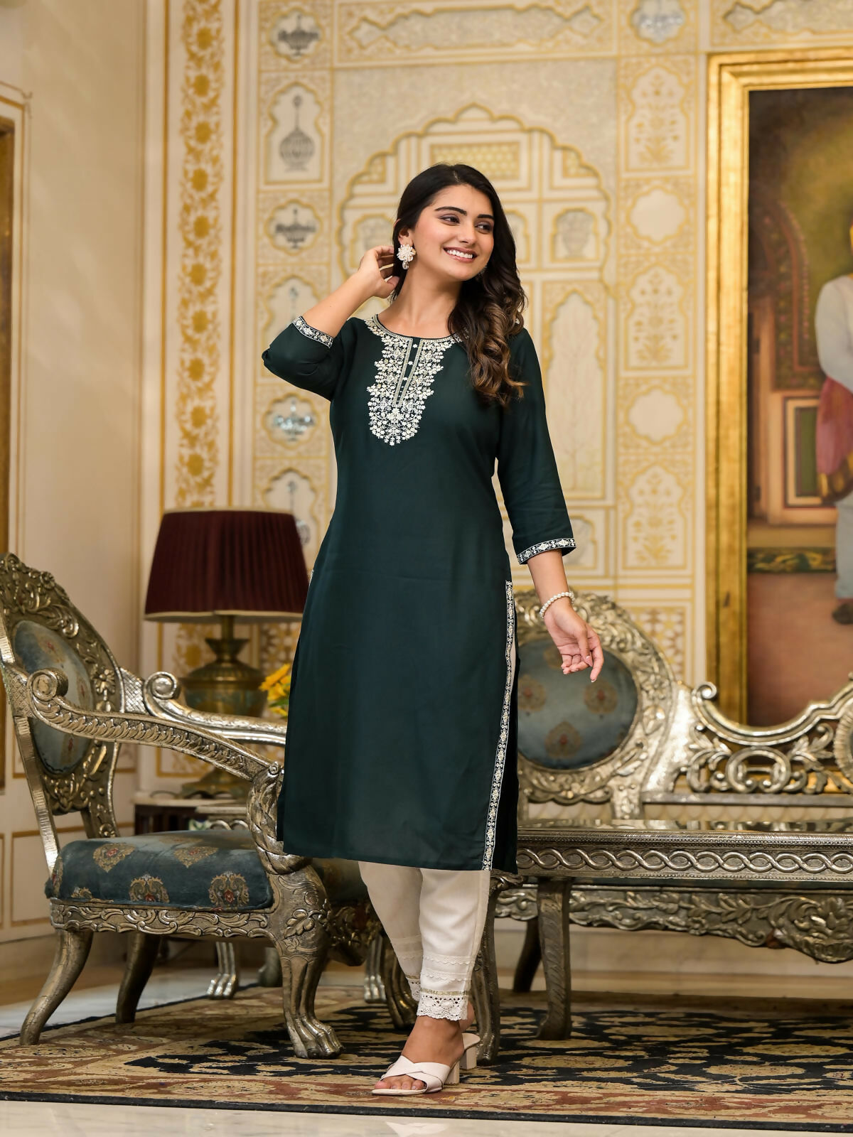 Juniper Women's Sea Green Ethnic Motif Printed Santoon Dress With Sequins & Thread Work