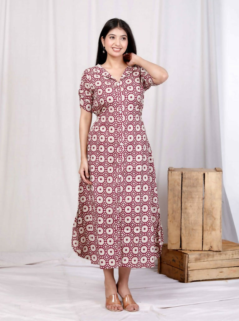 Miravan Women's Cotton Floral Printed Cream A-Line Maxi Dress with Buttons