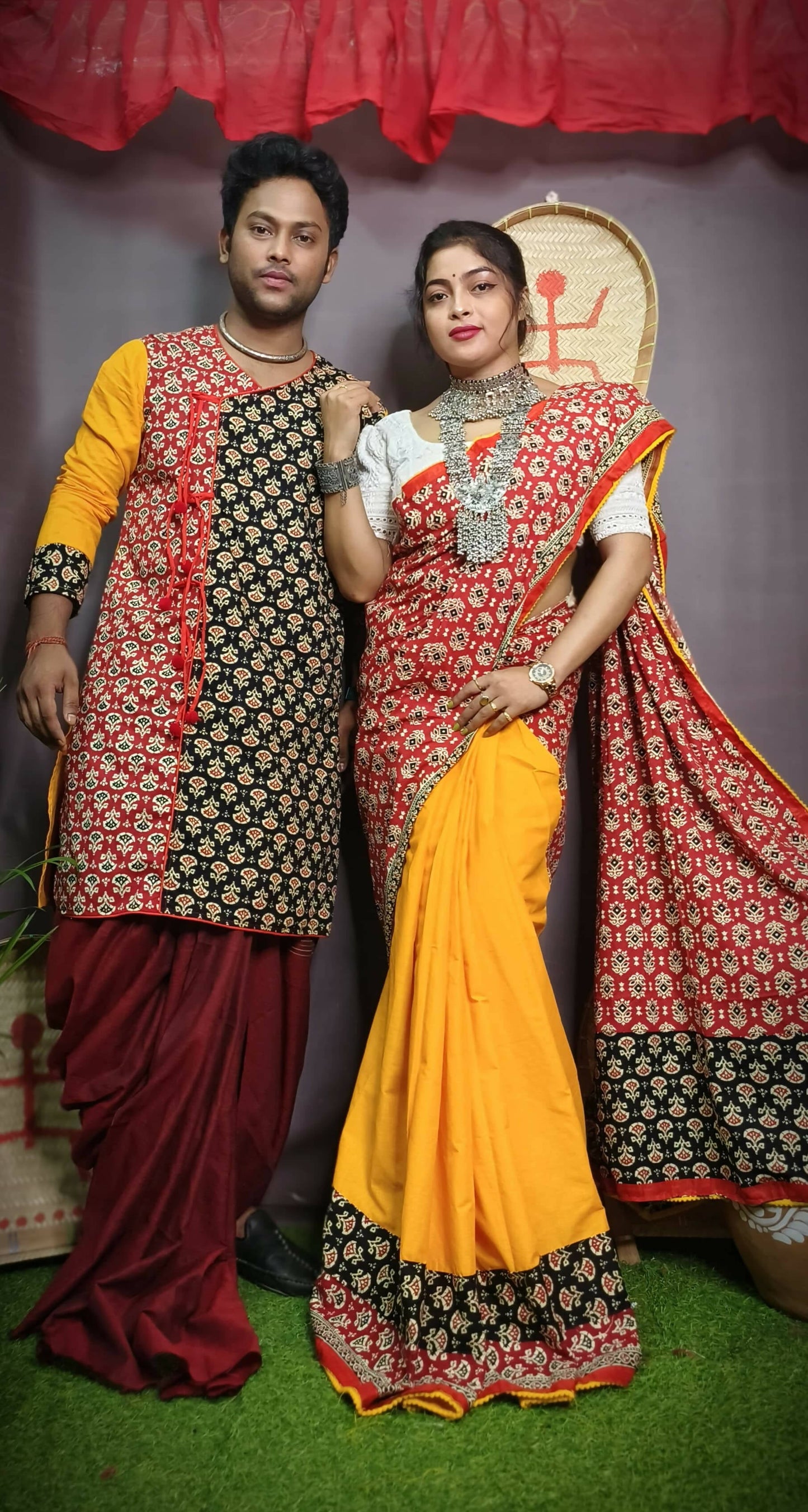 Exclusive Collection Saree With Blouse Piece For Women And Men's Kurta - Yellow