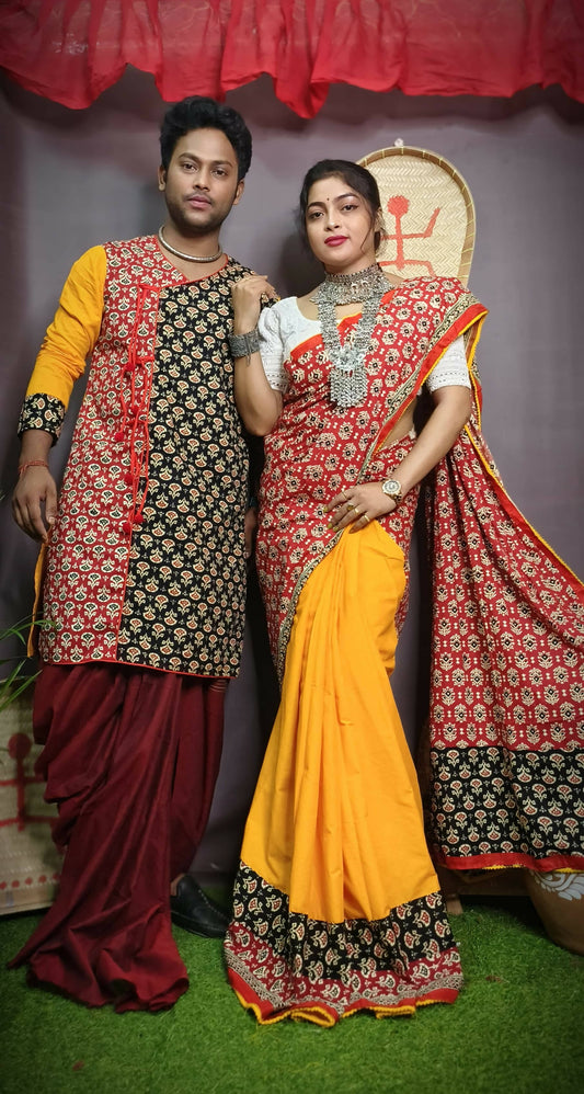 Exclusive Collection Saree With Blouse Piece For Women And Men's Kurta - Yellow