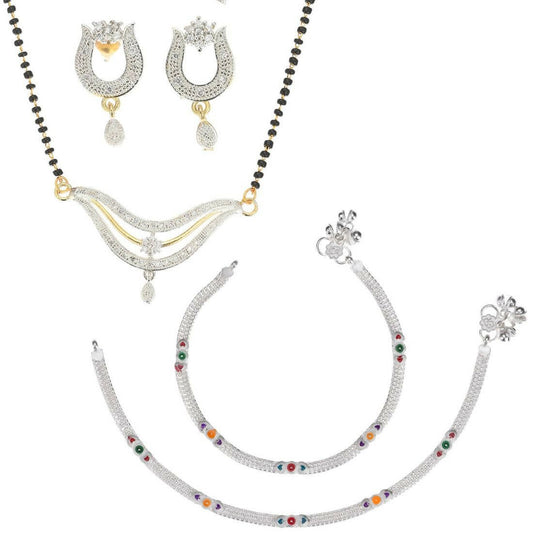 AanyaCentric Gold-Polished Mangalsutra Pendant Earring Set & Silver Plated Anklet