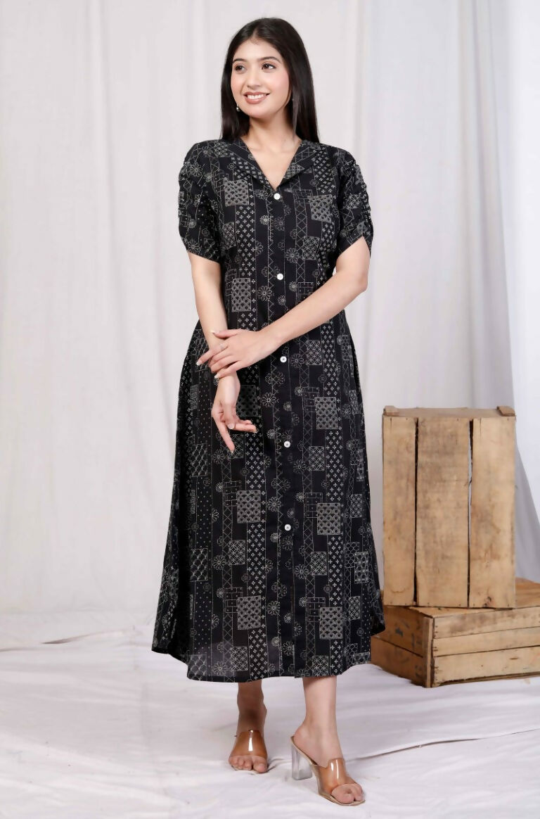 Miravan Women's Pure Cotton Black Floral Printed Front Button A-Line Midi Dress