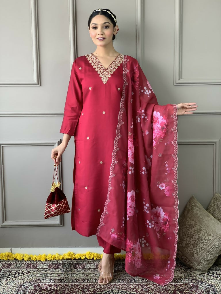 Rani Pink Viscose Chanderi Stitched Suit With Dupatta - Tanisha