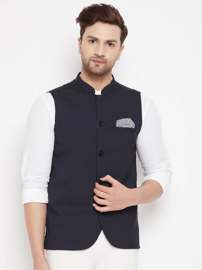 Even Apparels Navy Merino Men's Nehru Jacket-Contrast Lining-Inbuilt Pocket Square