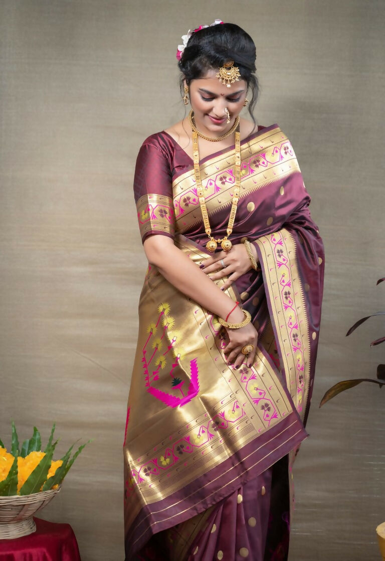 Jyoti Fashion Women's Brown Paithani Silk Zari Woven Saree with Blouse