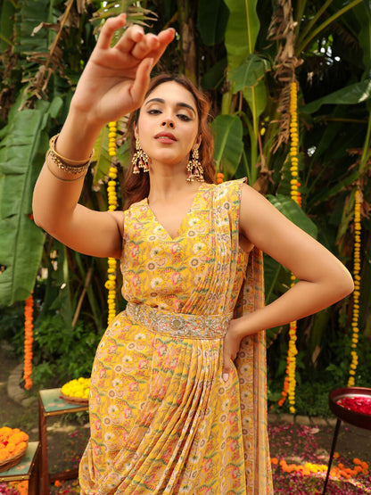 Janasya Mustard Georgette Floral Saree