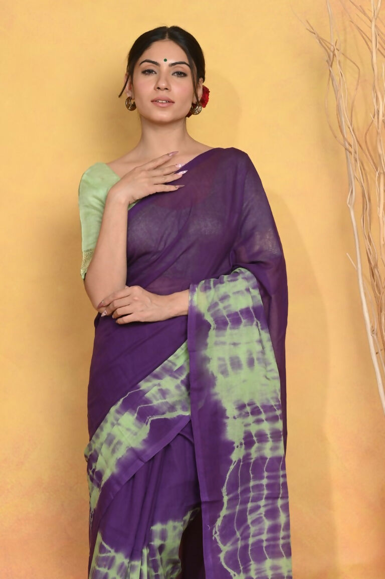 Very Much Indian Tie & Dye Handloom Mul Cotton Saree - Blue Green