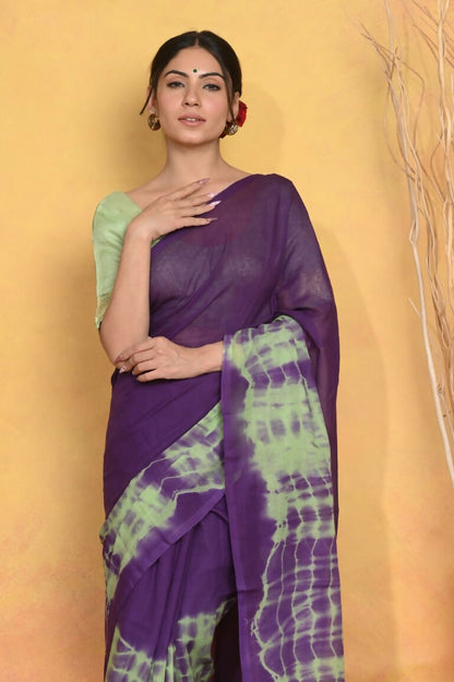 Very Much Indian Tie & Dye Handloom Mul Cotton Saree - Blue Green