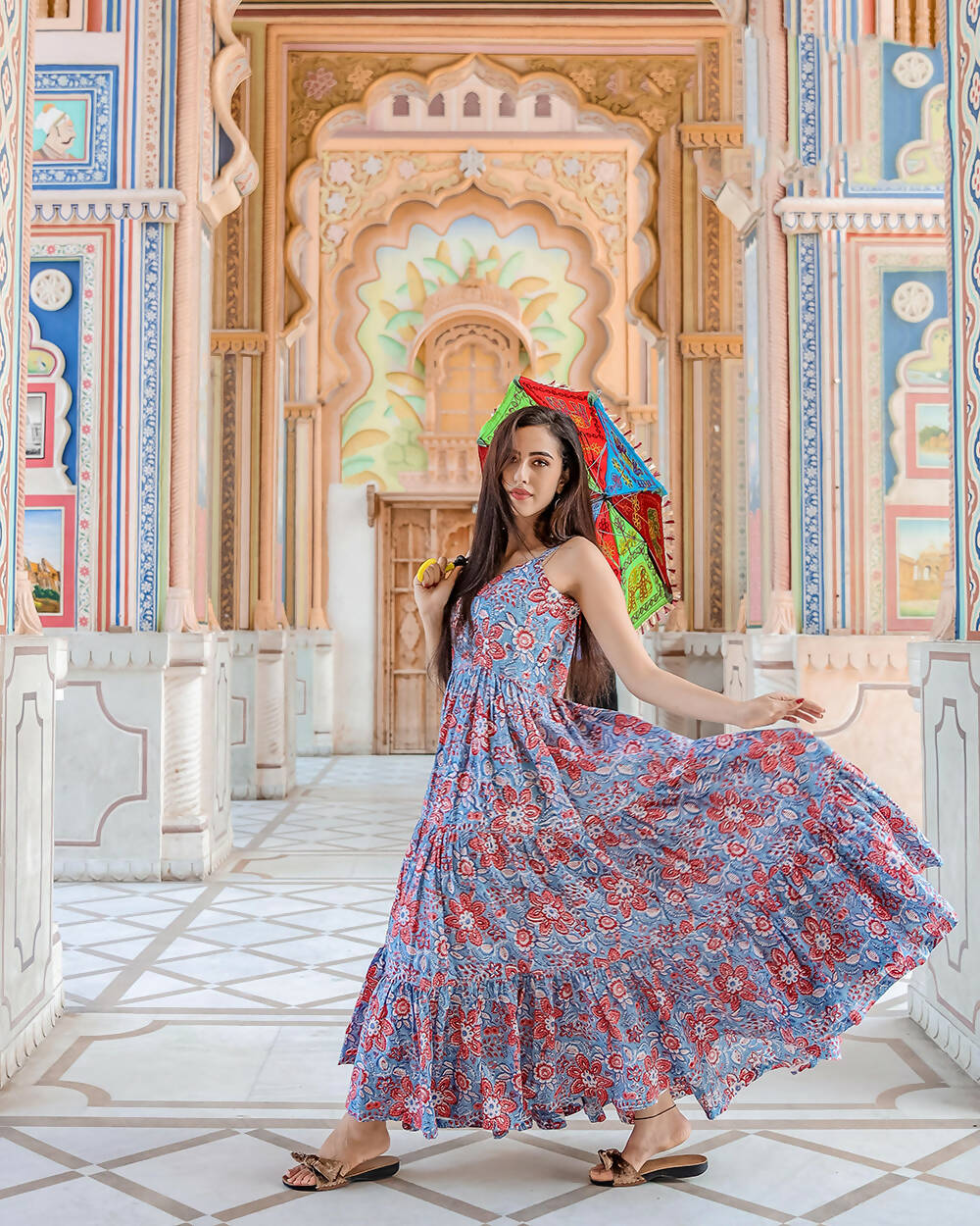 Designer Partywear Printed Blue Pure Maslin Gown - Anbazaar