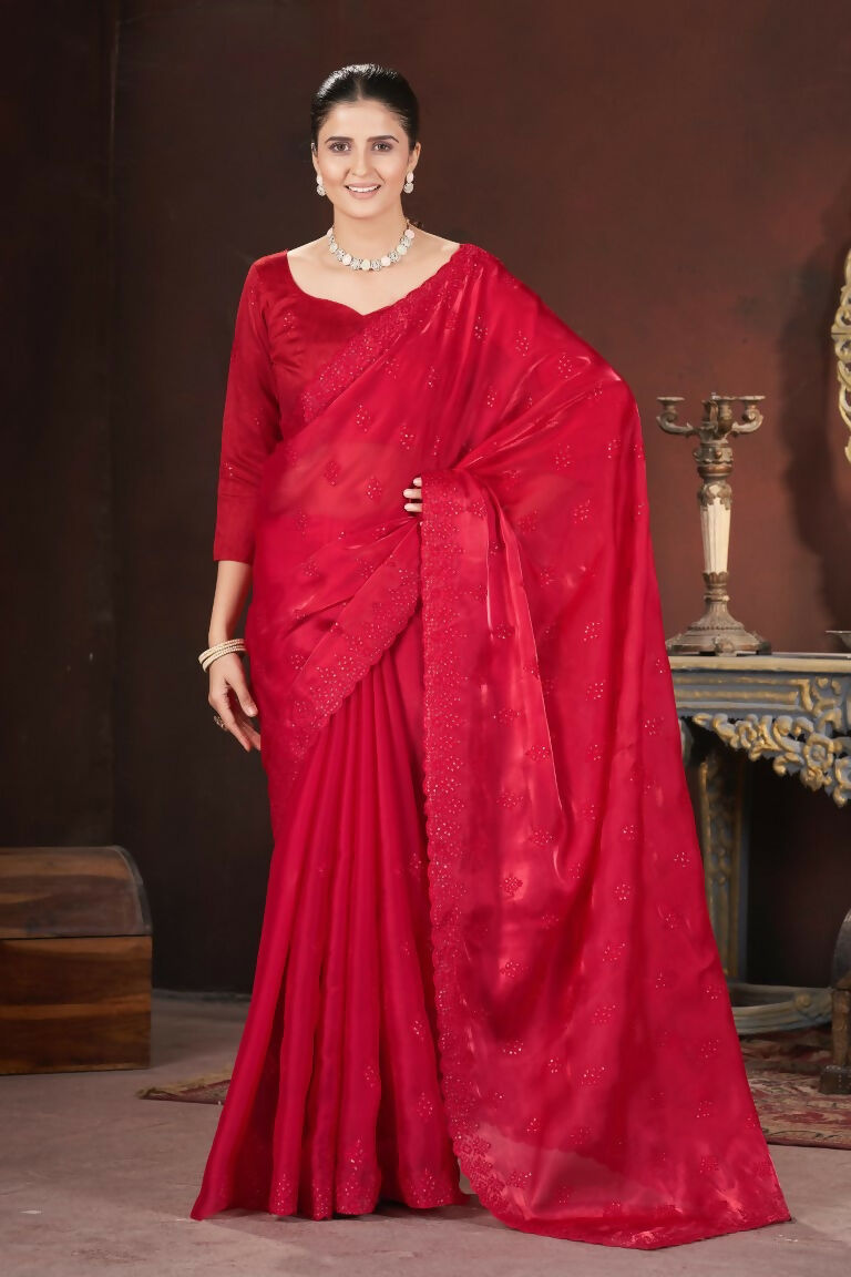 Vastranavya Red Jimmy Choo Silk 3mm Sequence work with Cross Stitch Embroidery work & Cutwork Border Saree