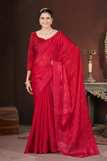 Vastranavya Red Jimmy Choo Silk 3mm Sequence work with Cross Stitch Embroidery work & Cutwork Border Saree