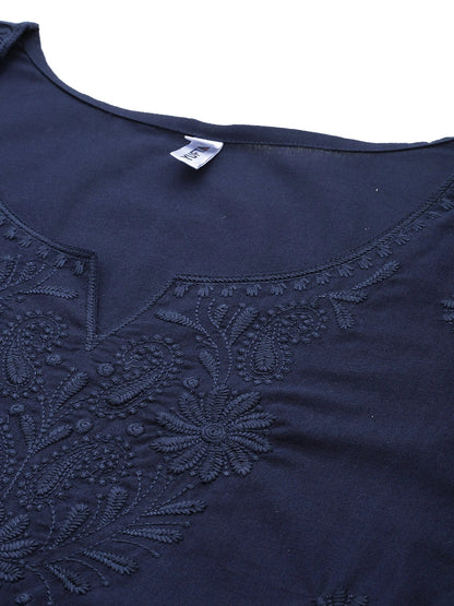 Yufta Navy Blue Floral Chikankari Embroidered Pure Cotton Top