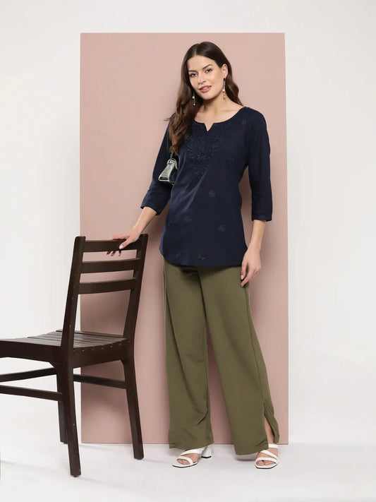 Yufta Navy Blue Floral Chikankari Embroidered Pure Cotton Top
