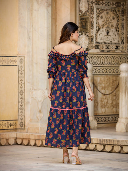 Yufta Navy Blue Floral Printed Dress