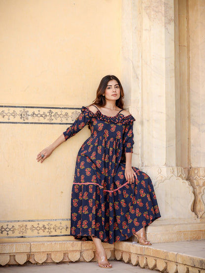 Yufta Navy Blue Floral Printed Dress