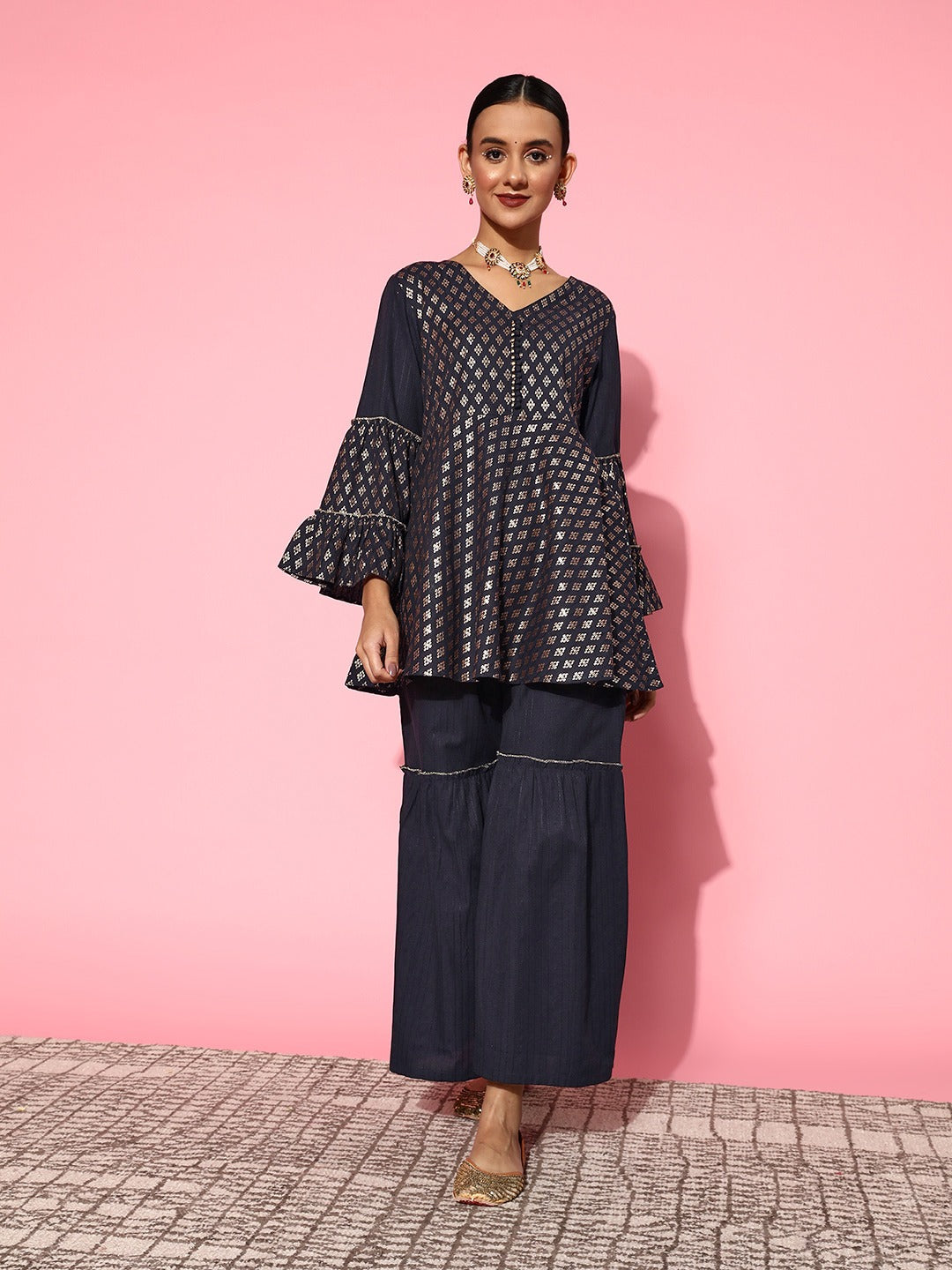 Yufta Navy Blue Printed Kurta & Sharara