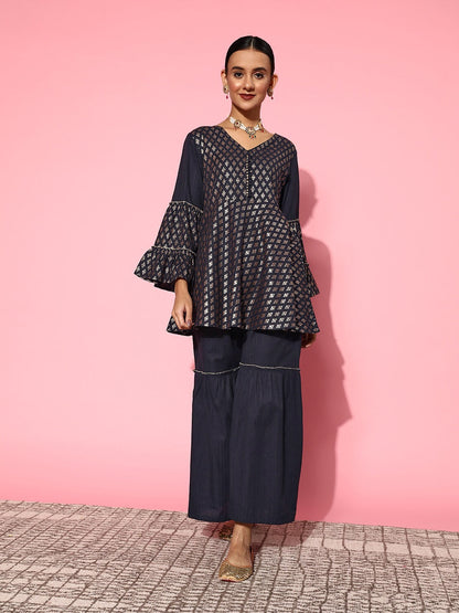 Yufta Navy Blue Printed Kurta & Sharara