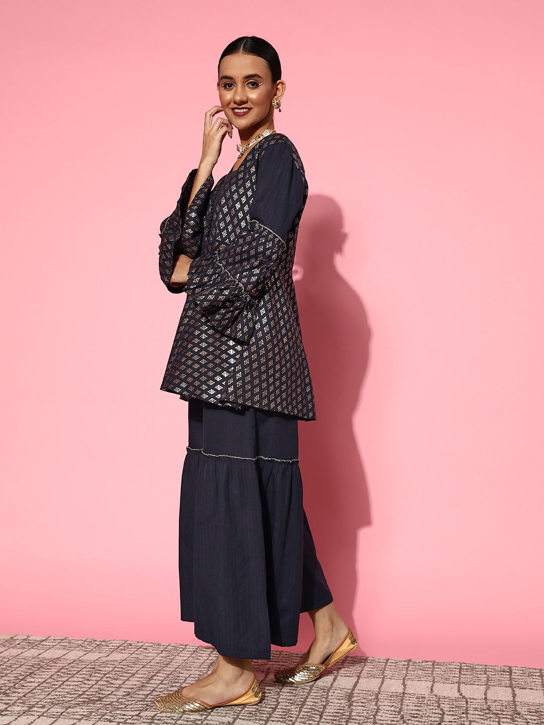 Yufta Navy Blue Printed Kurta & Sharara