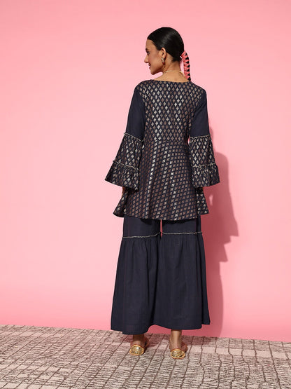 Yufta Navy Blue Printed Kurta & Sharara