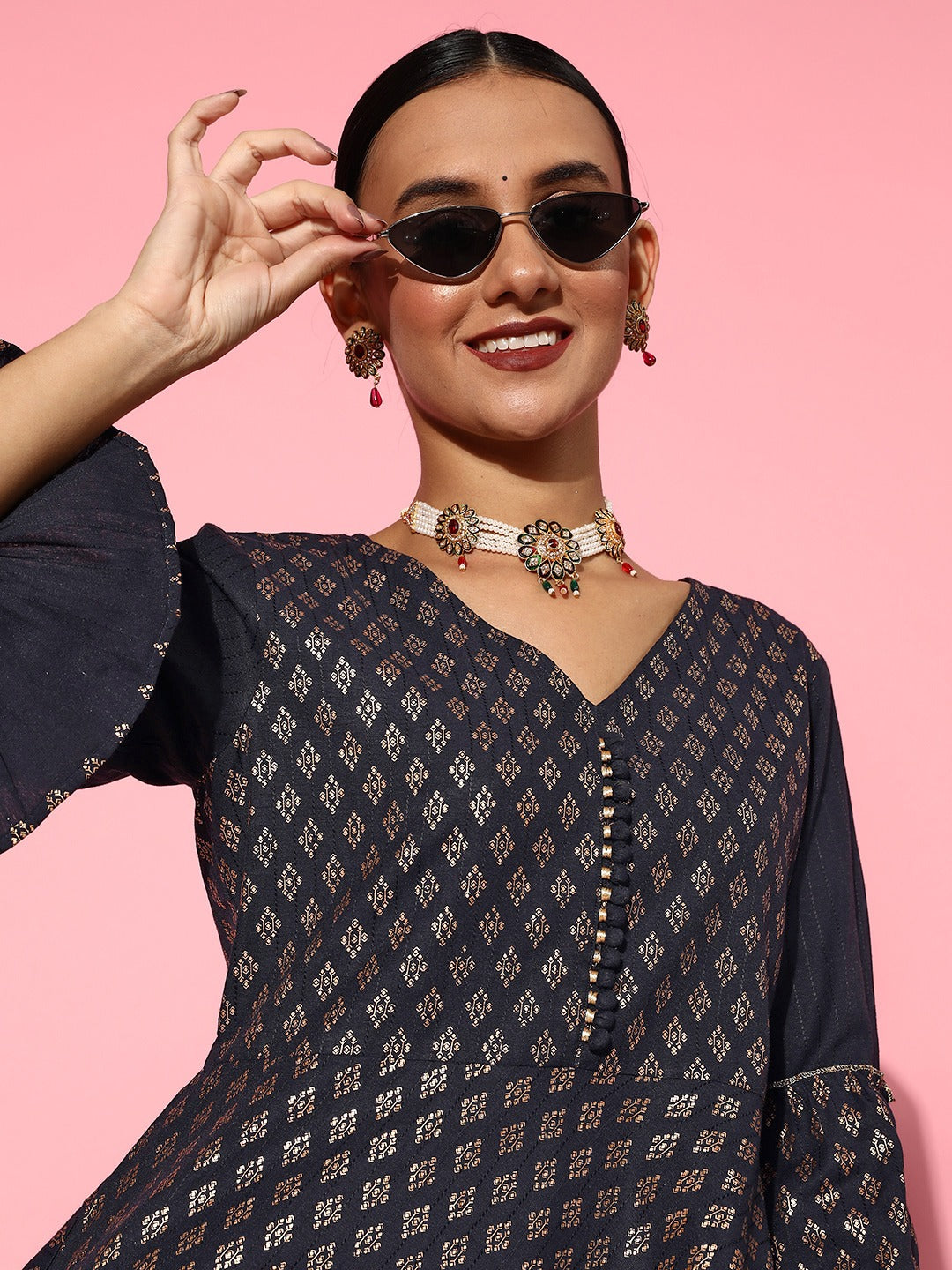 Yufta Navy Blue Printed Kurta & Sharara