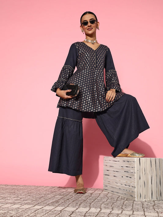 Yufta Navy Blue Printed Kurta & Sharara