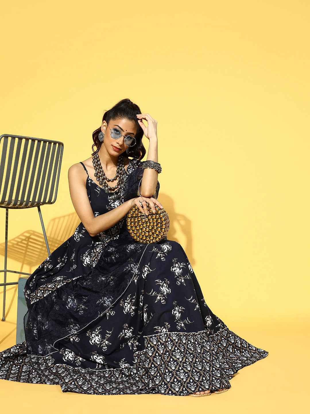 Yufta Navy Blue & White Printed Dress Dupatta