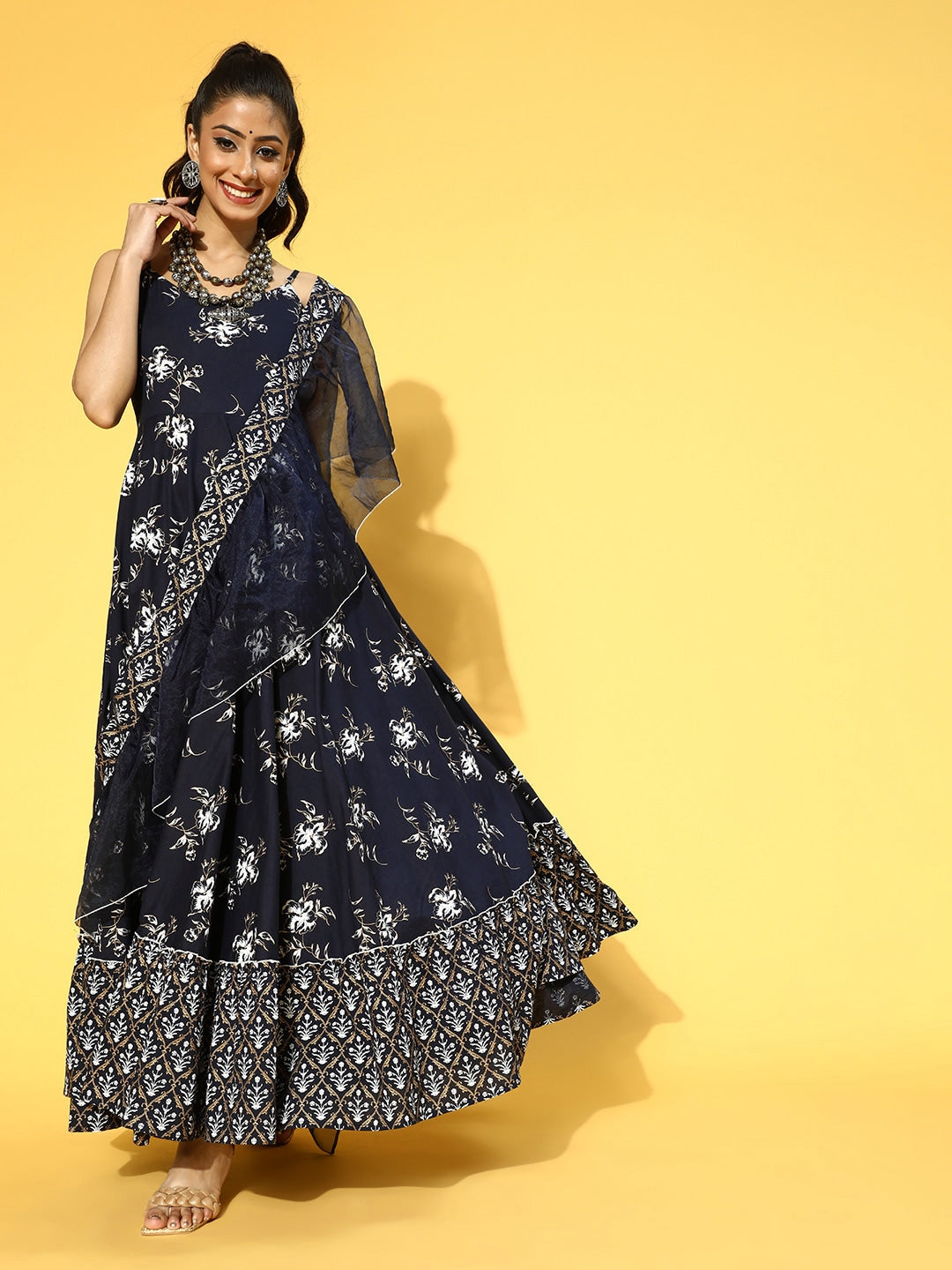 Yufta Navy Blue & White Printed Dress Dupatta