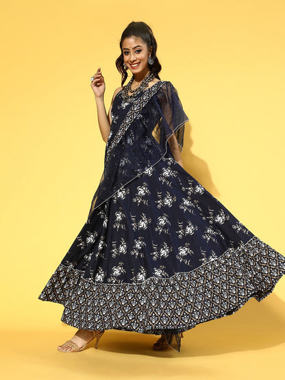 Yufta Navy Blue & White Printed Dress Dupatta
