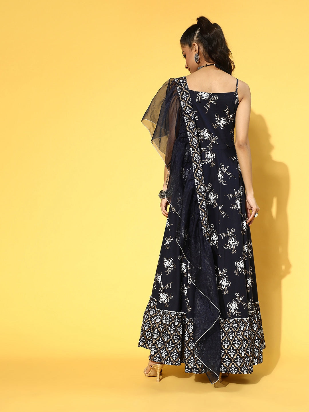 Yufta Navy Blue & White Printed Dress Dupatta