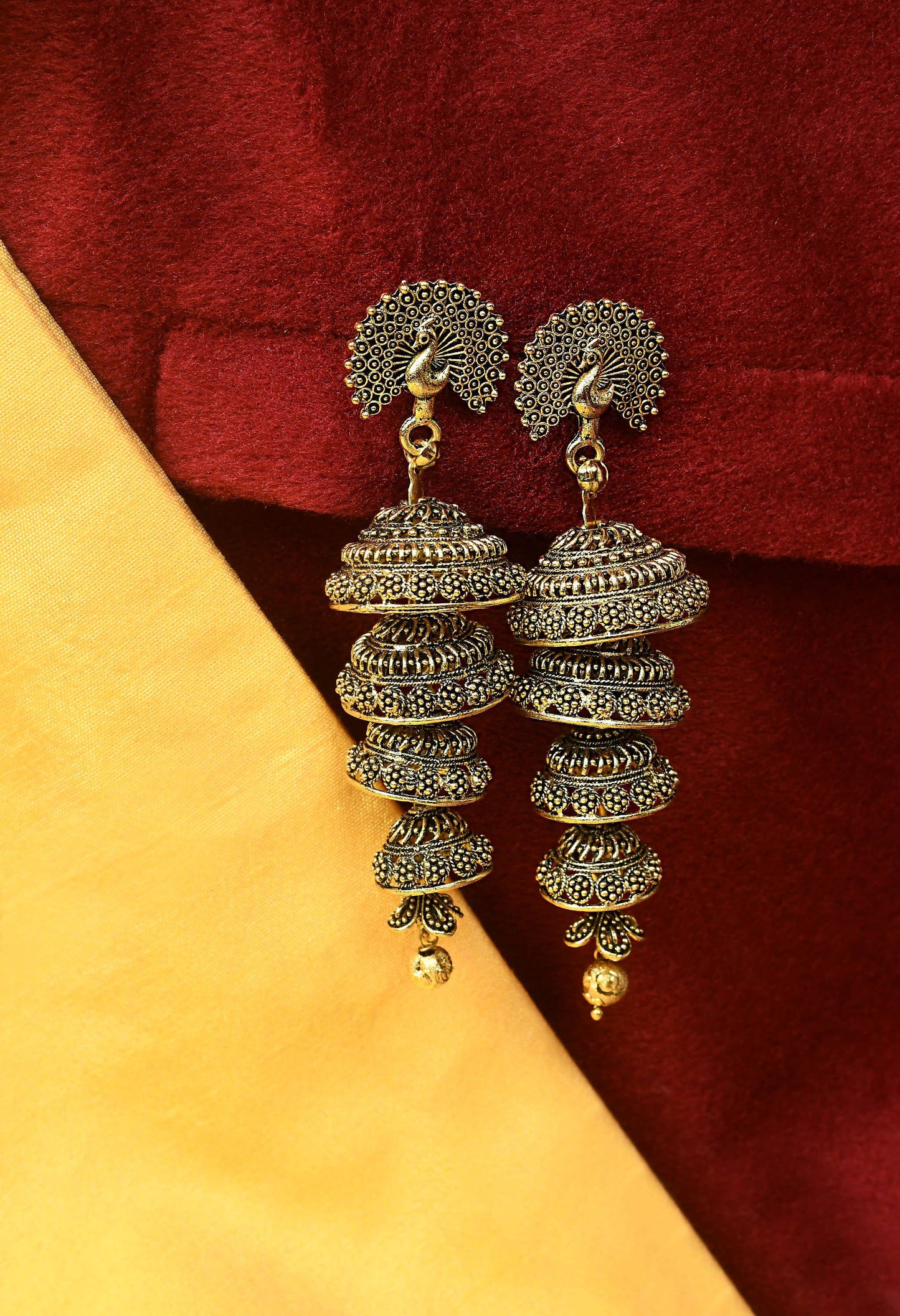 Mominos Fashion Johar Kamal Peacock Design Golden Colour Earrings