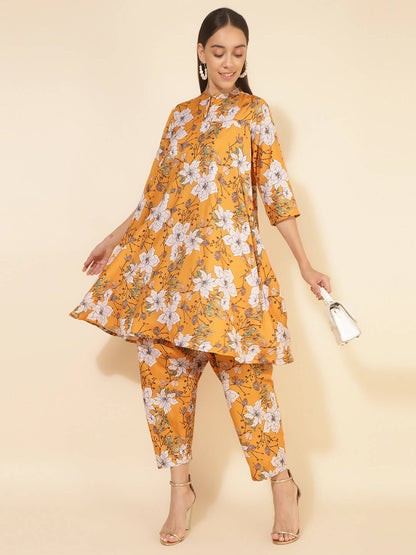 Janasya Women's Mustard Moss Digital Floral Printed Casual A-line Co-ords