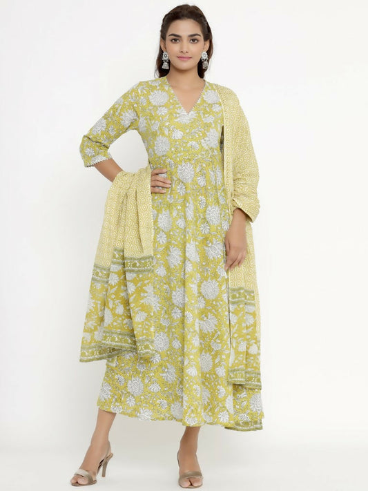 Miravan Women's Cotton Floral Print Anarkali Kurta With Dupatta