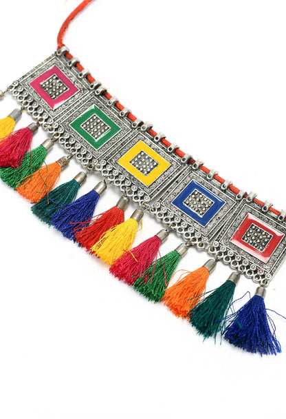 Mominos Fashion Johar Kamal Oxidised Silver-Plated Brass Finish Tassel Work Handicraft Choker For Women (Multi)