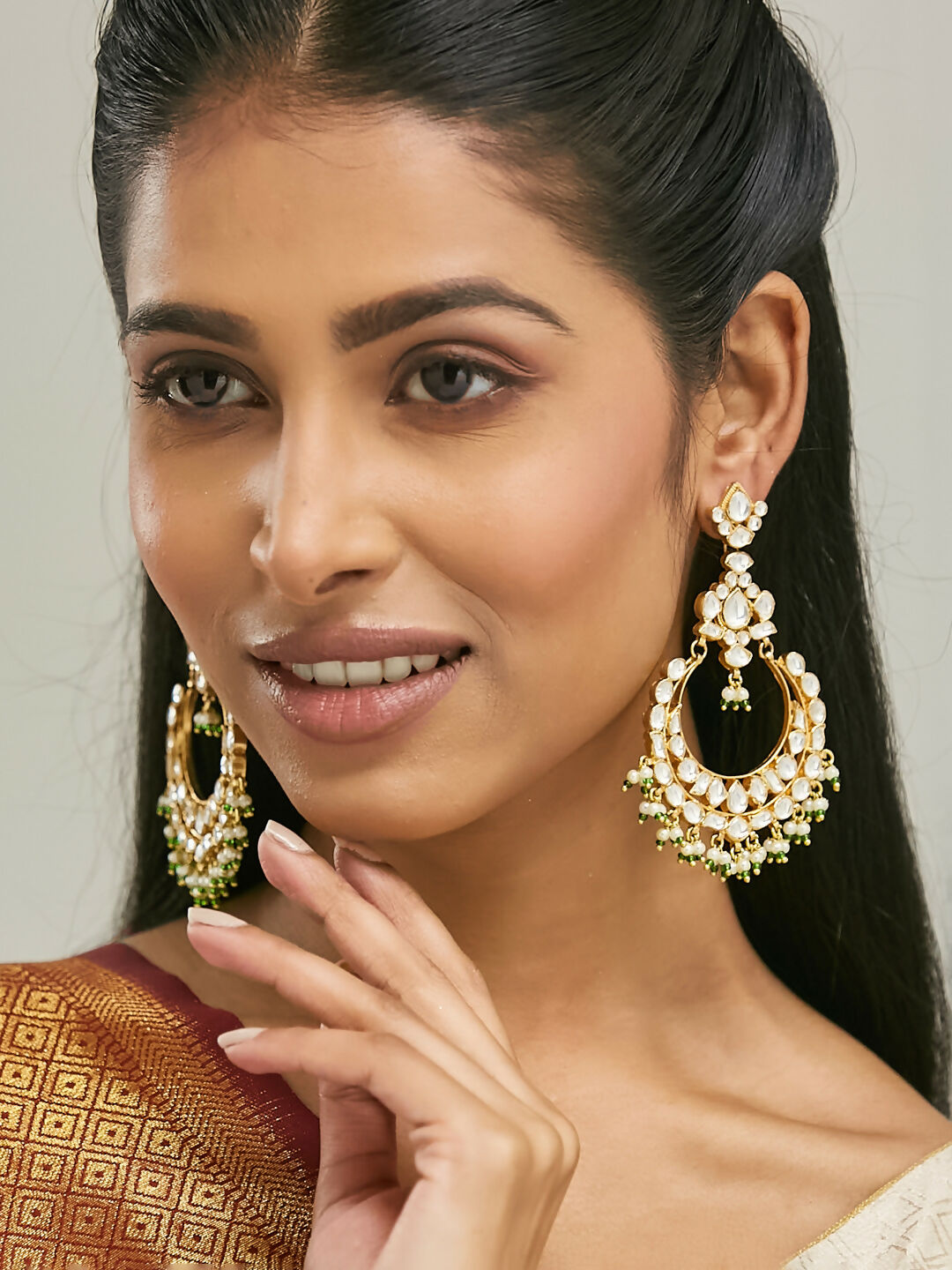 Nuyug 22K Gold-Plated Elegant Kundan Studded & Beaded Floral Chandbali Earrings