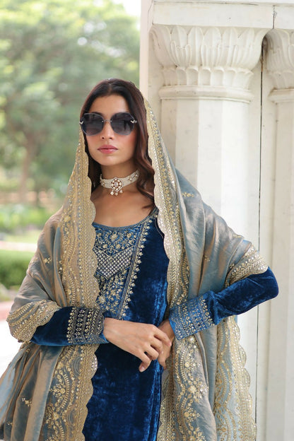 Vastranavya Morpeach Velvet With Rich Sequins & Zari Embroidered Work Top-Bottom With Dupatta