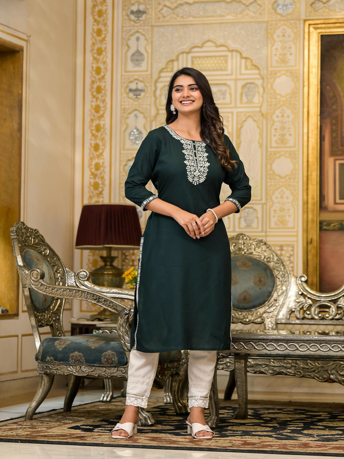 Juniper Women's Sea Green Ethnic Motif Printed Santoon Dress With Sequins & Thread Work