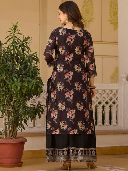 The52 Black Women's Gorgeous Embroidered Chinon Fabric Straight Kurta Palazzo and Dupatta Set