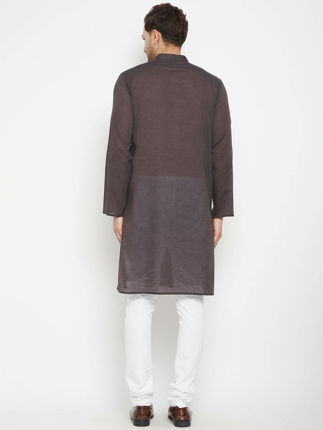 Even Apparels Brown Pure Cotton Long Men's Kurta With Band Collar