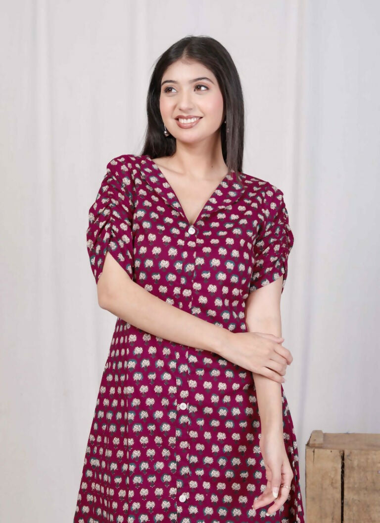 Miravan Women's Relaxed Fit Red Floral Printed A-Line Pure Cotton Midi Dress