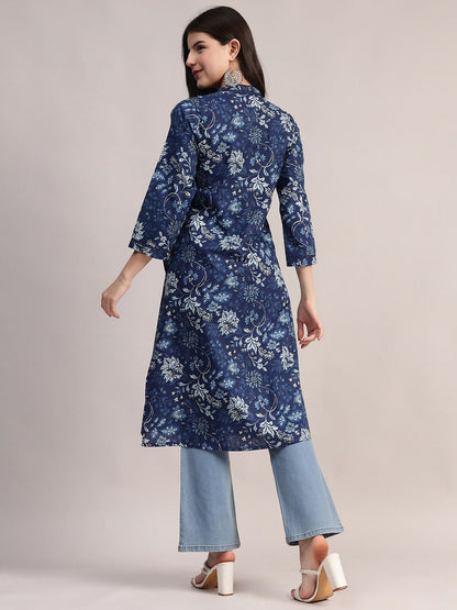 Aavyora Women's Navy Blue Floral Printed Cotton A-Line Kurta with Pintuck Detailing