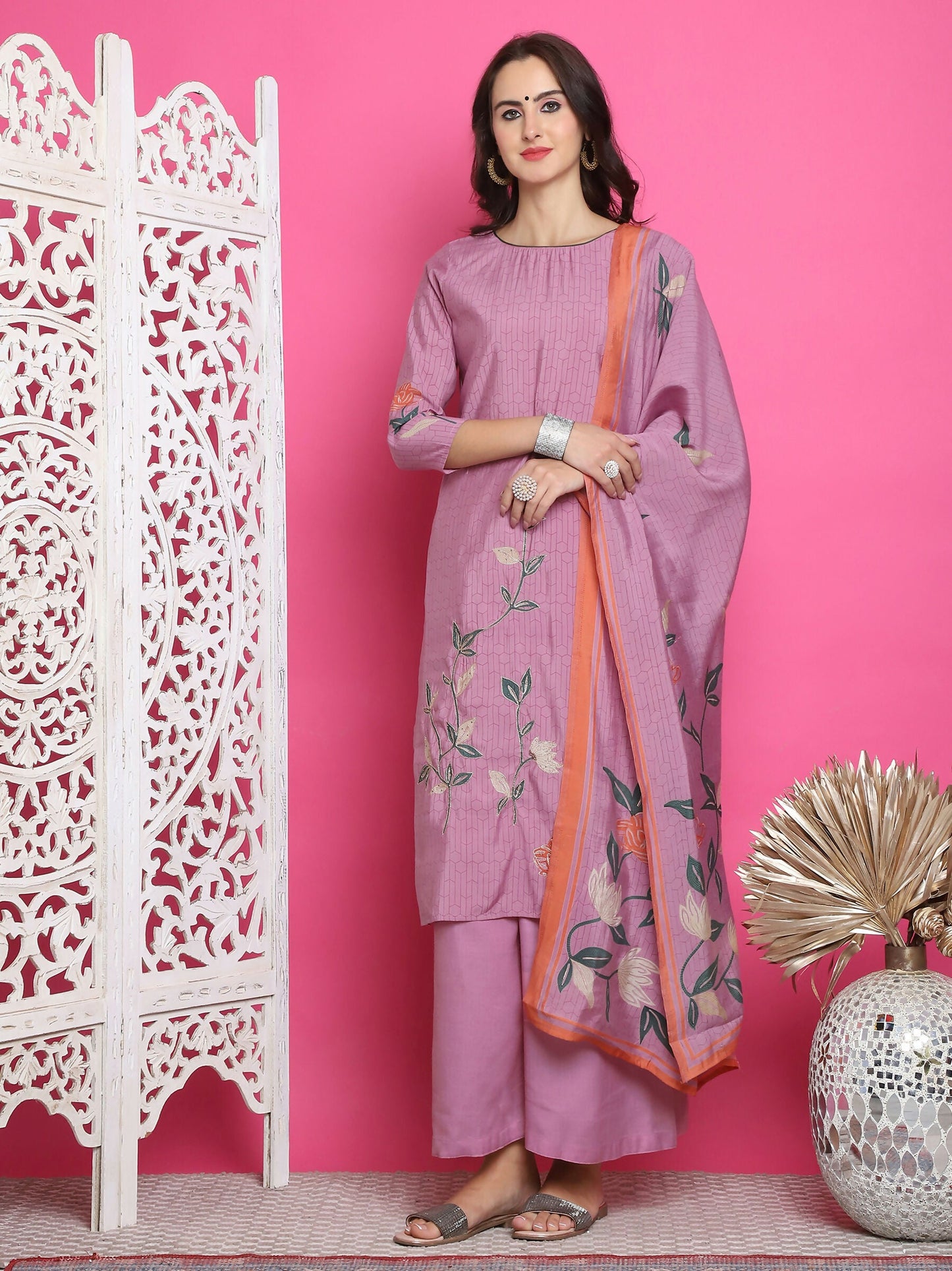 Jyoti Fashion Women's Purple Muslin Floral Print with Jari & Crystal work Kurta with Trouser & Dupatta