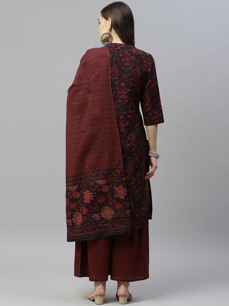 Miravan Women's Cotton Floral Print Straight Kurta Sharara And Dupatta Set
