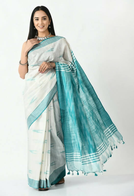Mominos Fashion Moeza White & Sea Green Bhagalpuri Handloom Ikat Pure Cotton Saree with unstitched Blouse piece