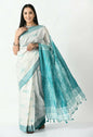 Mominos Fashion Moeza White & Sea Green Bhagalpuri Handloom Ikat Pure Cotton Saree with unstitched Blouse piece