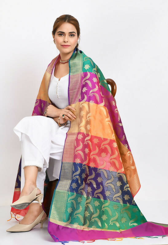 Mominos Fashion Moeza Women's Banarsi Silk Floral Woven Design Multi Dupatta