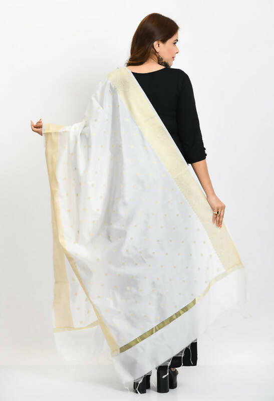 Mominos Fashion Moeza Women's Banarsi Silk Woven Design White Dupatta