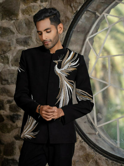 Black Bandhgala Elegance – Black Leaf Embroidery by Hilo Design