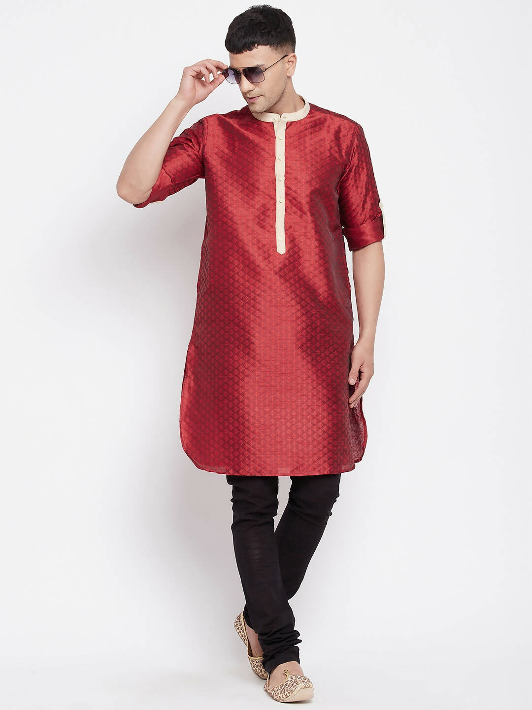 Even Apparels Red Art Silk Men's Kurta With Contrast Collar And Placket